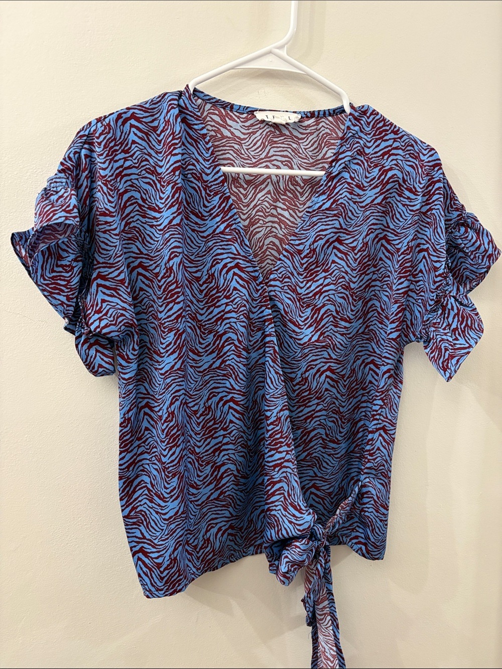 THML Anthropologie - Blue and Burgundy Zebra-Print wrap Blouse  - XS